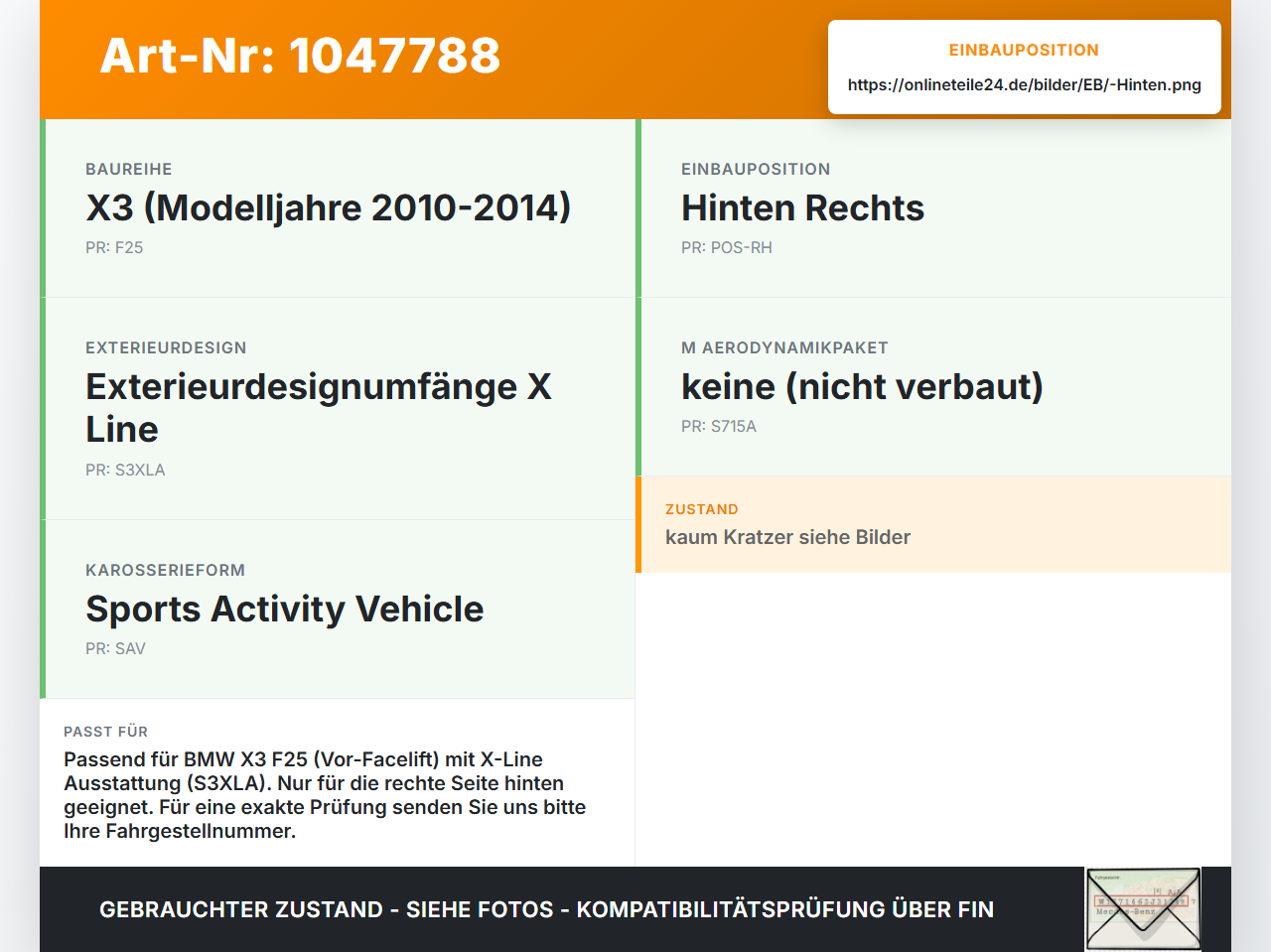 BMW X3 F25 10-14 Halter Träger Aufnahme Führung für Stoßstange Recht Hinten BMW X3 F25 10-14 20.03.2012 7210078... Vorschau 3