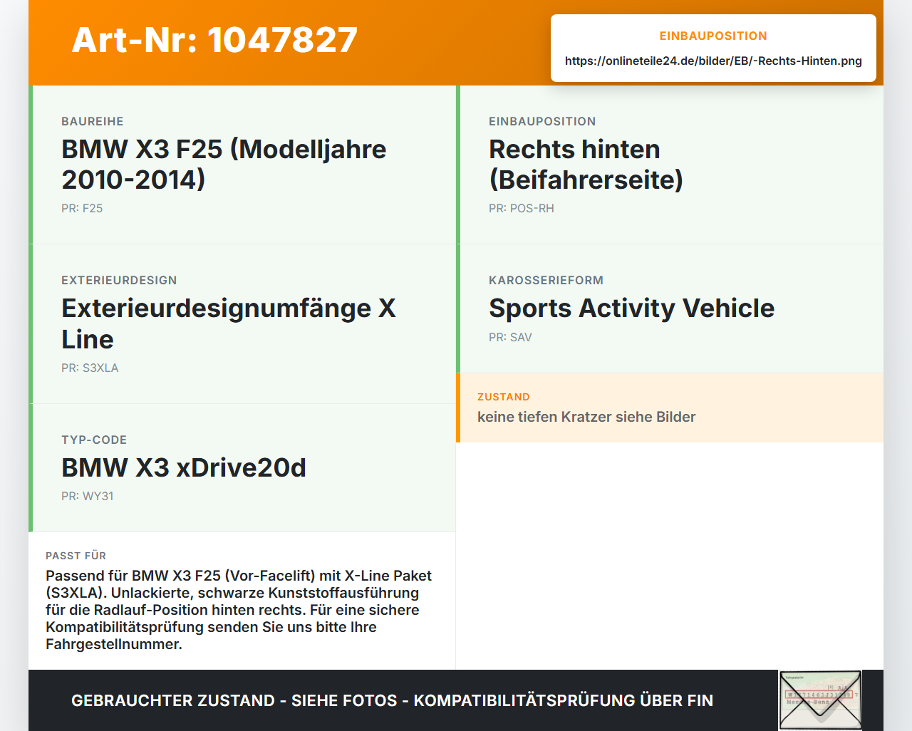BMW X3 F25 10-14 Verkleidung Radlauf Rechts Hinten BMW X3 F25 10-14 20.03.2012 7210084 51777210084 gebraucht Vorschau 3