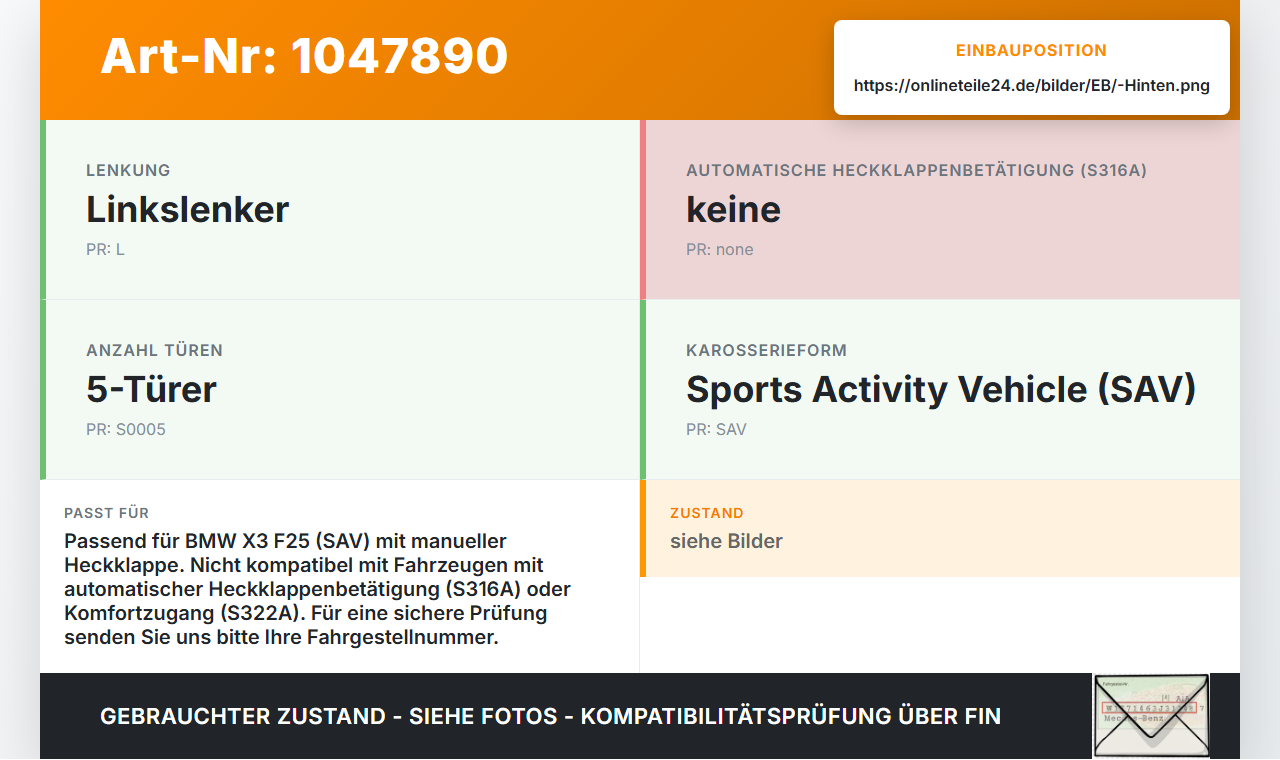 BMW X3 F25 10-14 Heckklappenschloss Schloss Verriegelung Hinten BMW X3 F25 10-14 20.03.2012 7233025 51247233025... Vorschau 3