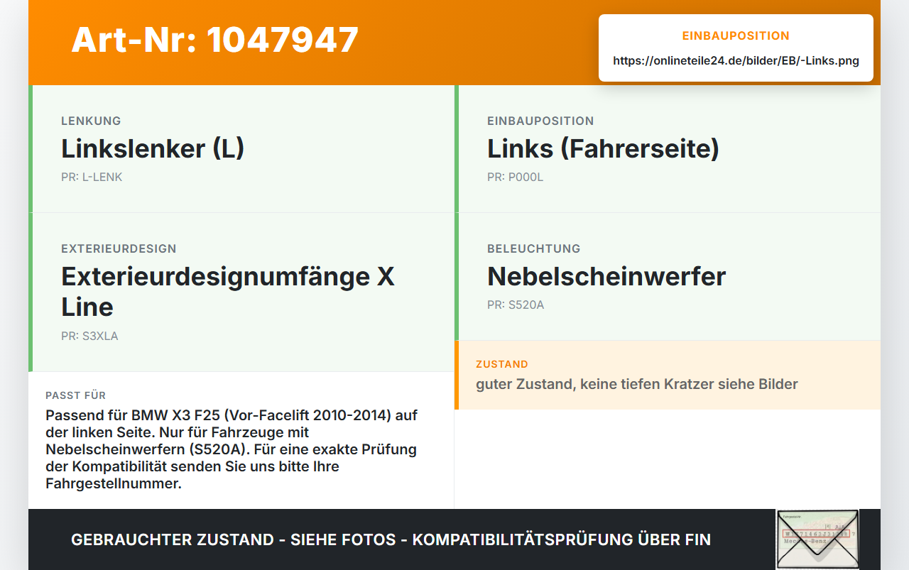 BMW X3 F25 10-14 Nebelscheinwerfer Links orig. BMW X3 F25 10-14 20.03.2012 7238787 63177238787 6317-7238788-07... Vorschau 3