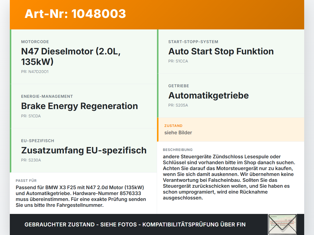 BMW X3 F25 10-14 2,0 135KW Steuergerät ECU für Motor Motorsteuergerät BMW X3 F25 10-14 20.03.2012 8576333... Vorschau 3