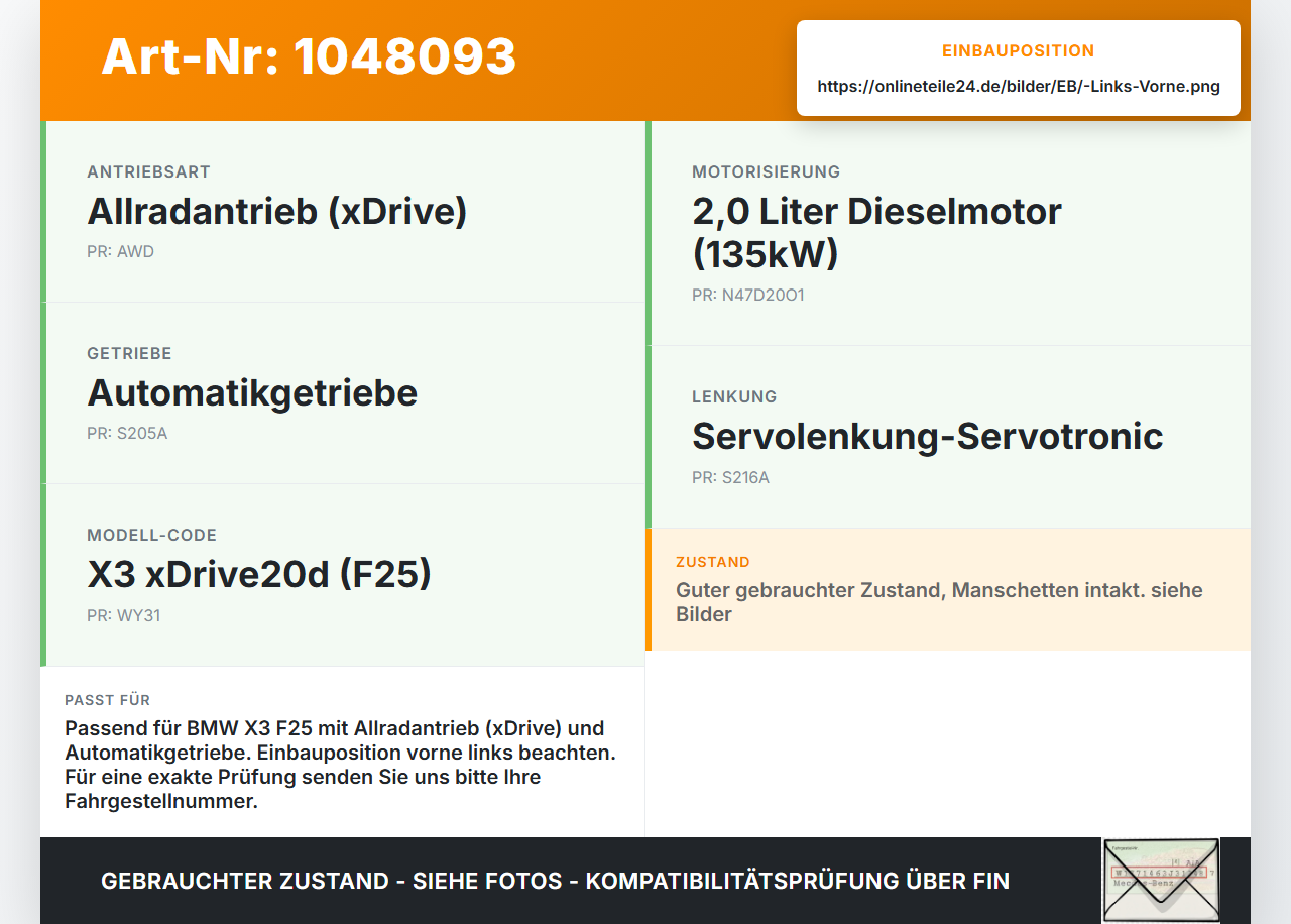 BMW X3 F25 10-14 2,0 135KW Autom 4WD Antriebswelle Gelenkwelle Links Vorne BMW X3 F25 10-14 20.03.2012 8675013... Vorschau 3