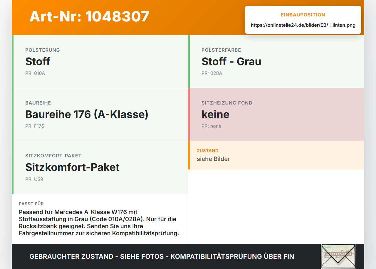 Mercedes W176 A200 12-15 Lim Sitzbezug Sitzpolster für Rücksitzbank Hinten Mercedes W176 A200 12-15 05.11.2012... Vorschau 3