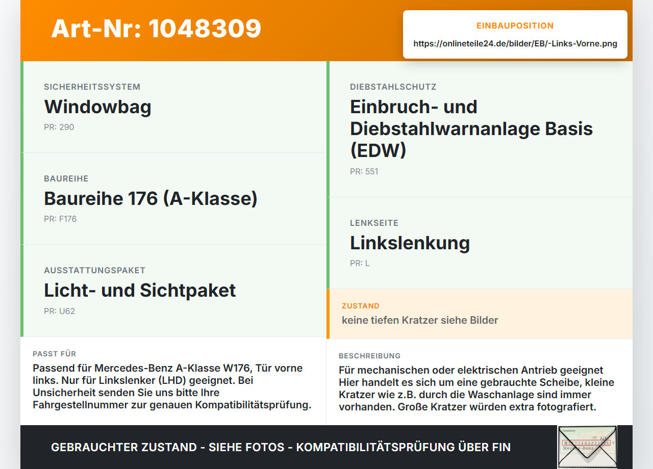 Mercedes W176 A200 12-15 Lim LVK Seitenscheibe für Tür Fenster Türscheibe Links Vorne Mercedes W176 A200 12-15... Vorschau 3
