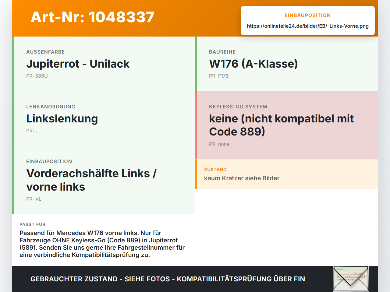 Mercedes W176 A200 12-15 Lim Türgriff Griff aussen Links Vorne 589 Mercedes W176 A200 12-15 05.11.2012 A2047600170... Vorschau 3