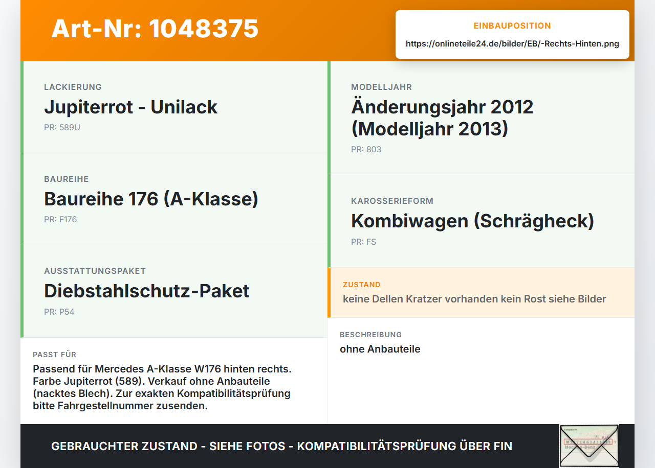 Mercedes W176 A200 12-15 Lim Tür Rechts Hinten 589 Mercedes W176 A200 12-15 05.11.2012 A1767300205 gebraucht Vorschau 3