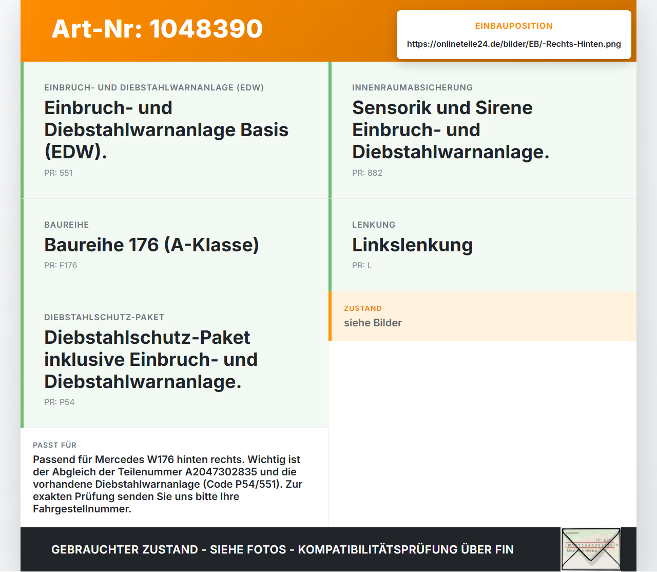 Mercedes W176 A200 12-15 Lim Türschloss m. ZV Stellmotor Rechts Hinten Mercedes W176 A200 12-15 05.11.2012... Vorschau 3