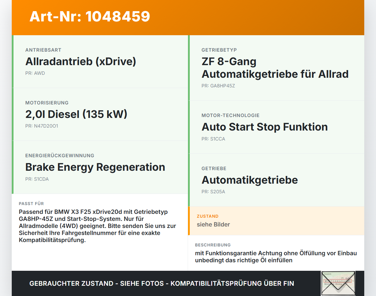 BMW X3 F25 10-14 2,0 135KW 4WD GA8HP-45Z Automatikgetriebe Getriebe ohne Wandler BMW X3 F25 10-14 20.03.2012... Vorschau 3