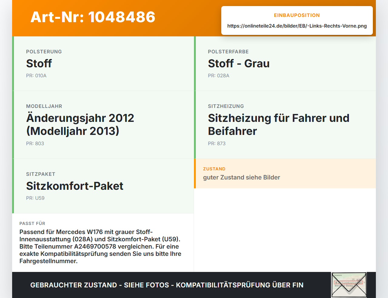 Mercedes W176 A200 12-15 Kopfstütze für Fahrer Sitz Rechts oder Links Vorne Mercedes W176 A200 12-15 05.11.2012... Vorschau 3