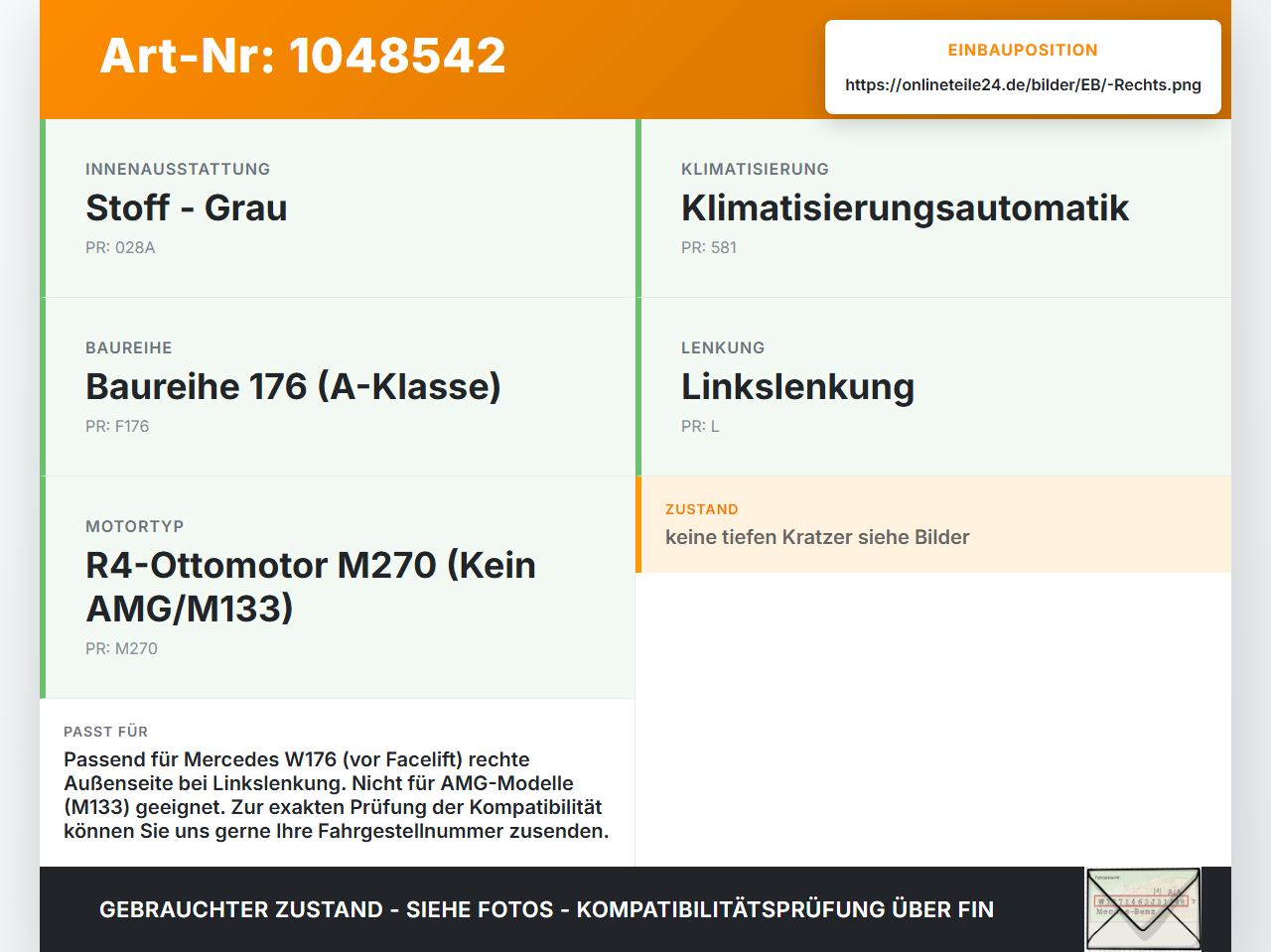 Mercedes W176 A200 12-15 Luftdusche Luftdüse Rechts Aussen Mercedes W176 A200 12-15 05.11.2012 A1768300154 gebraucht Vorschau 3