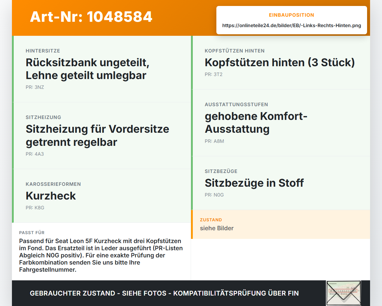 Seat Leon 5F 12-16 Kopfstütze Rechts oder Links Hinten Leder Seat Leon 5F 12-16 17.12.2015 5F0885902H gebraucht Vorschau 3