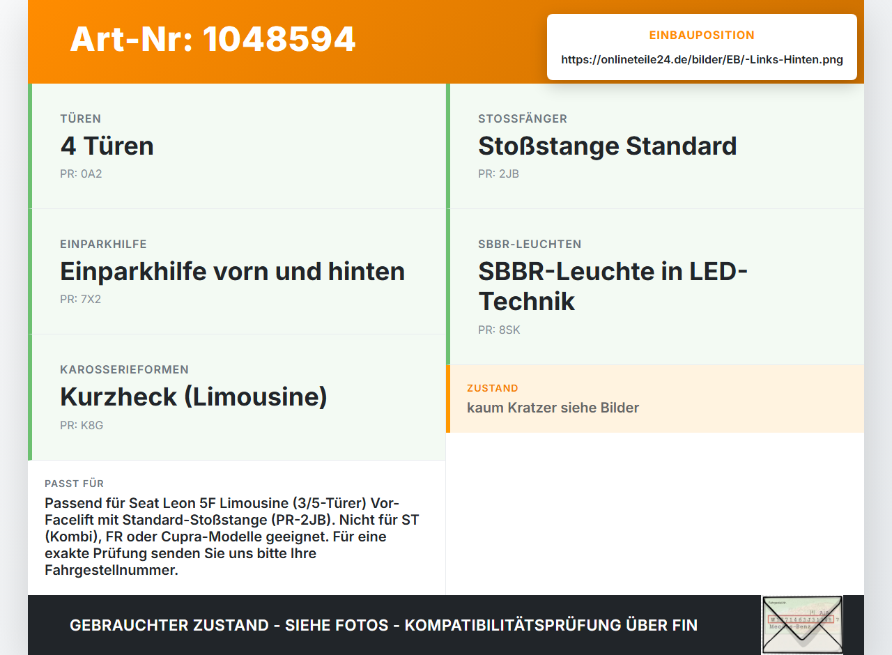 Seat Leon 5F 12-16 Lim Reflektor für Stoßstange Hinten Links Seat Leon 5F 12-16 17.12.2015 5F0945105F 9370378 gebraucht Vorschau 3