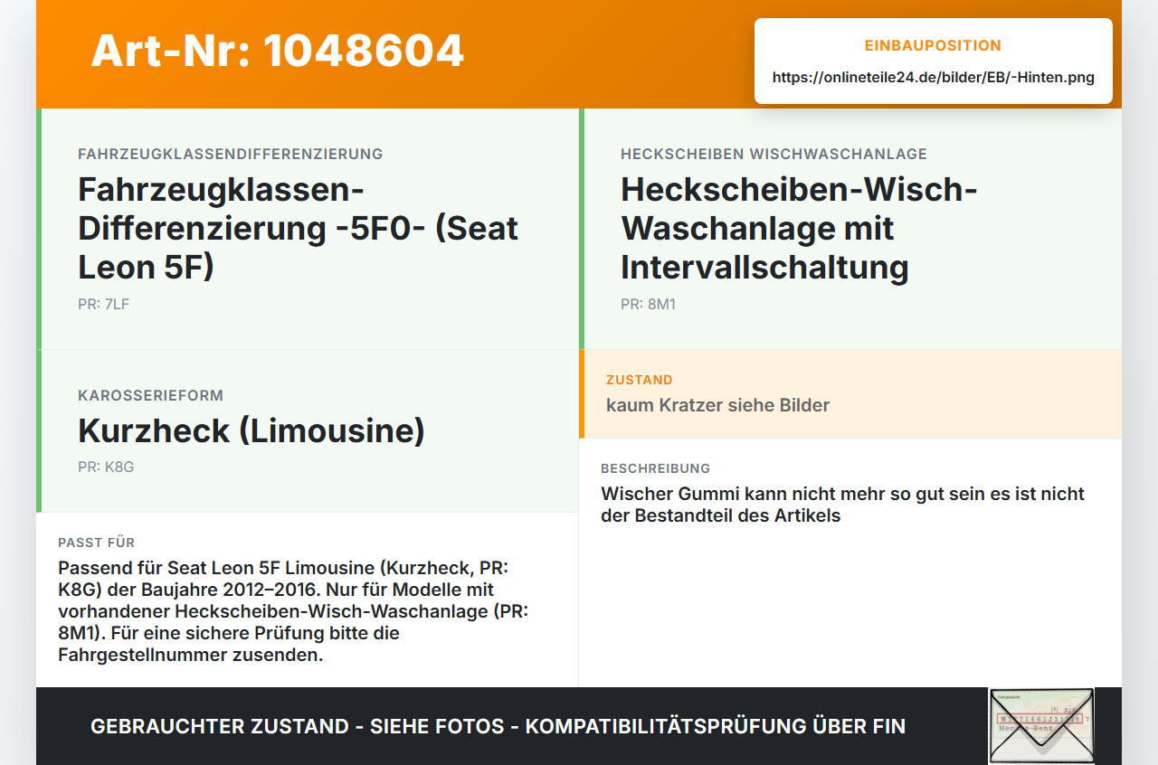 Seat Leon 5F 12-16 Lim Scheibenwischer Heckwischer Hinten Wischarm Seat Leon 5F 12-16 17.12.2015 5K6955707B gebraucht Vorschau 3