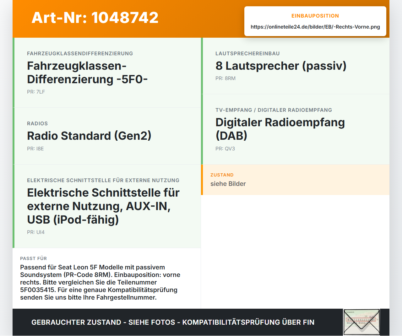 Seat Leon 5F 12-16 Lautsprecher Rechts Vorne Seat Leon 5F 12-16 17.12.2015 5F0035415 gebraucht Vorschau 3