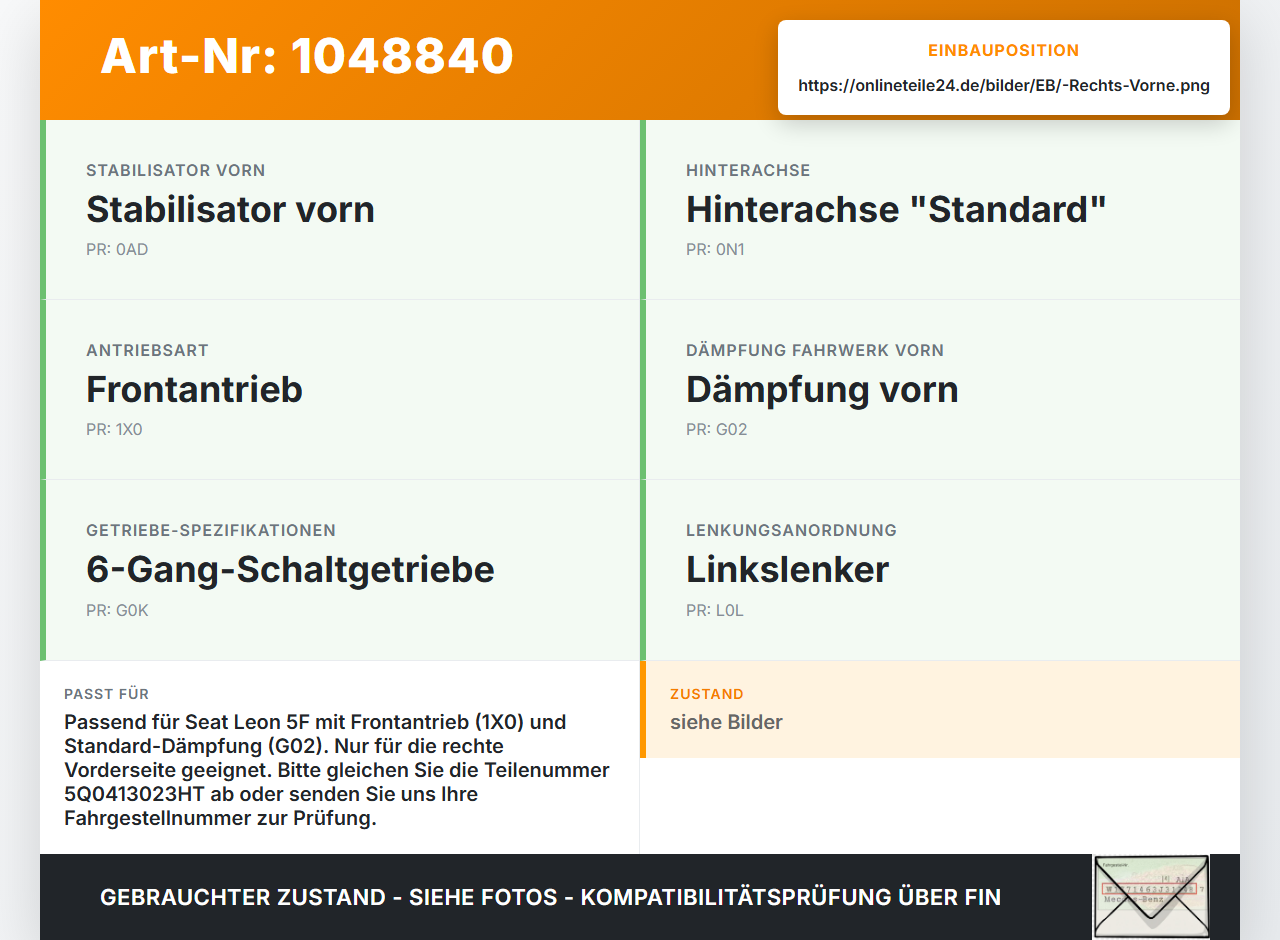 Seat Leon 5F 12-16 Lim Federbein Stossdämpfer Vorne Rechts Seat Leon 5F 12-16 17.12.2015 5Q0413023HT gebraucht Vorschau 3