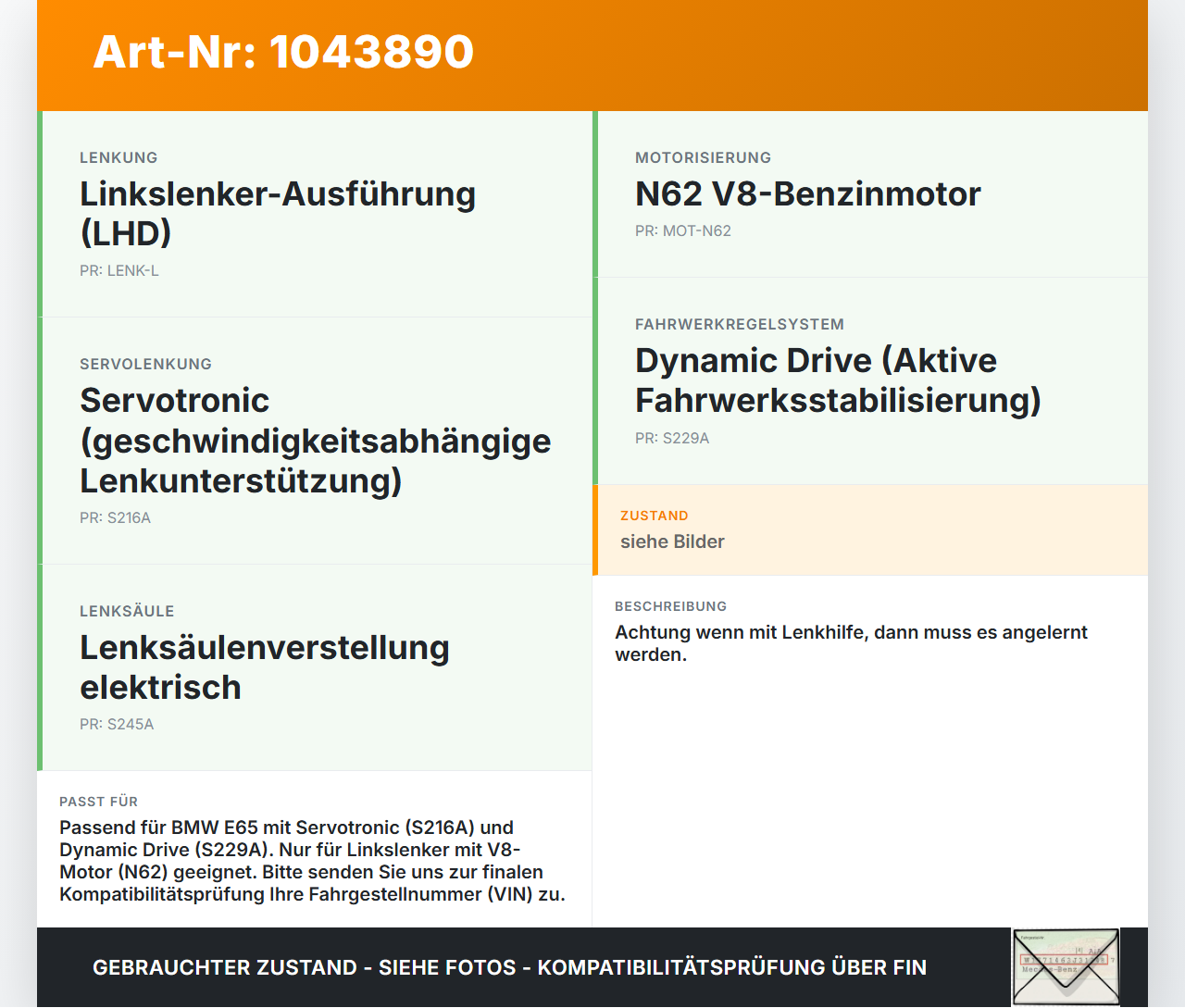 BMW E65 7er 01-05 Lenkgetriebe Servolenkung BMW E65 7er 01-05 11.09.2003 2475183 32102475183 6764831 7852993536... Vorschau 3