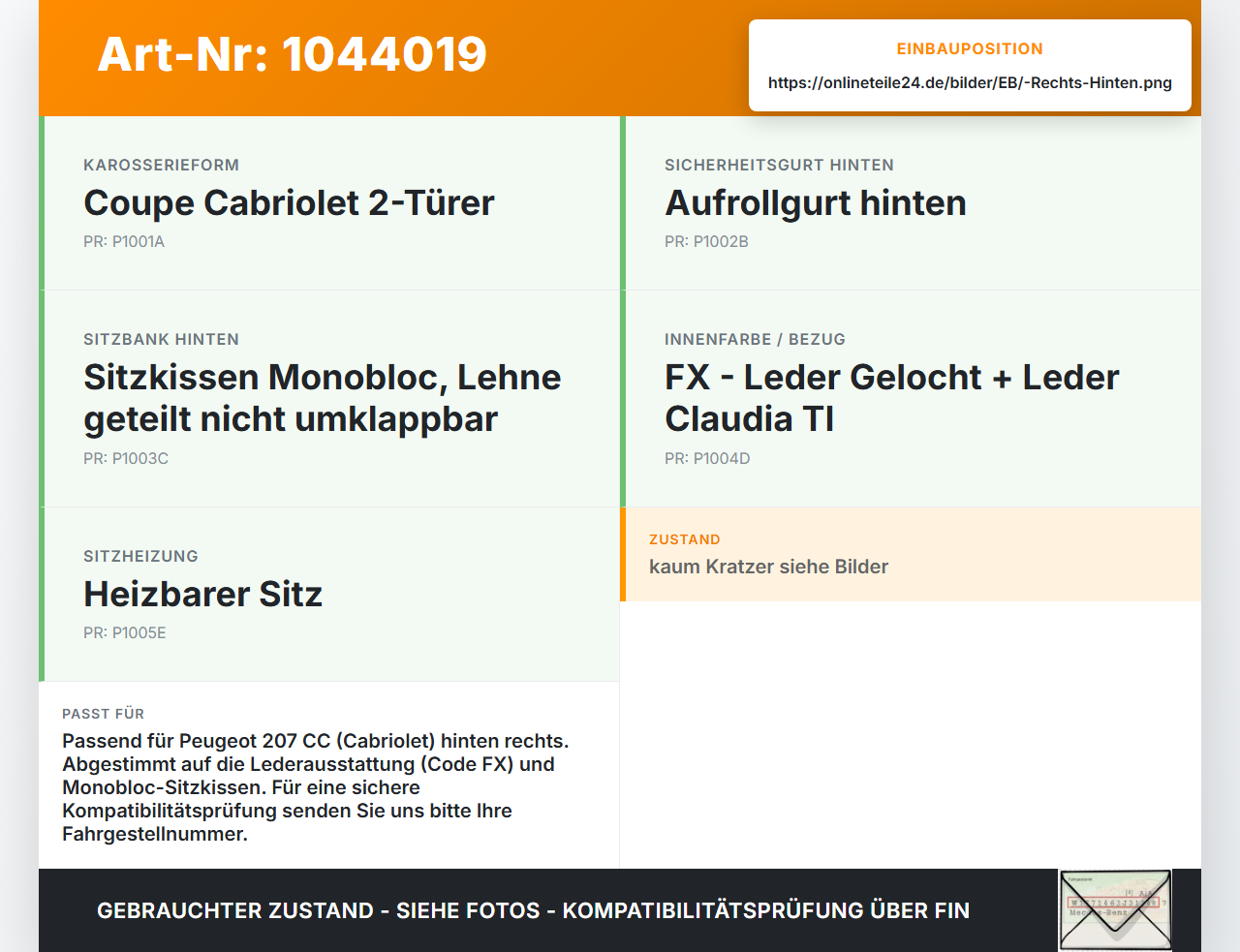 Peugeot 207 CC 07-09 Cabriolet Gurtschloss Rechts Hinten Peugeot 207 CC 07-09 30.09.2008 187-08 gebraucht Vorschau 3