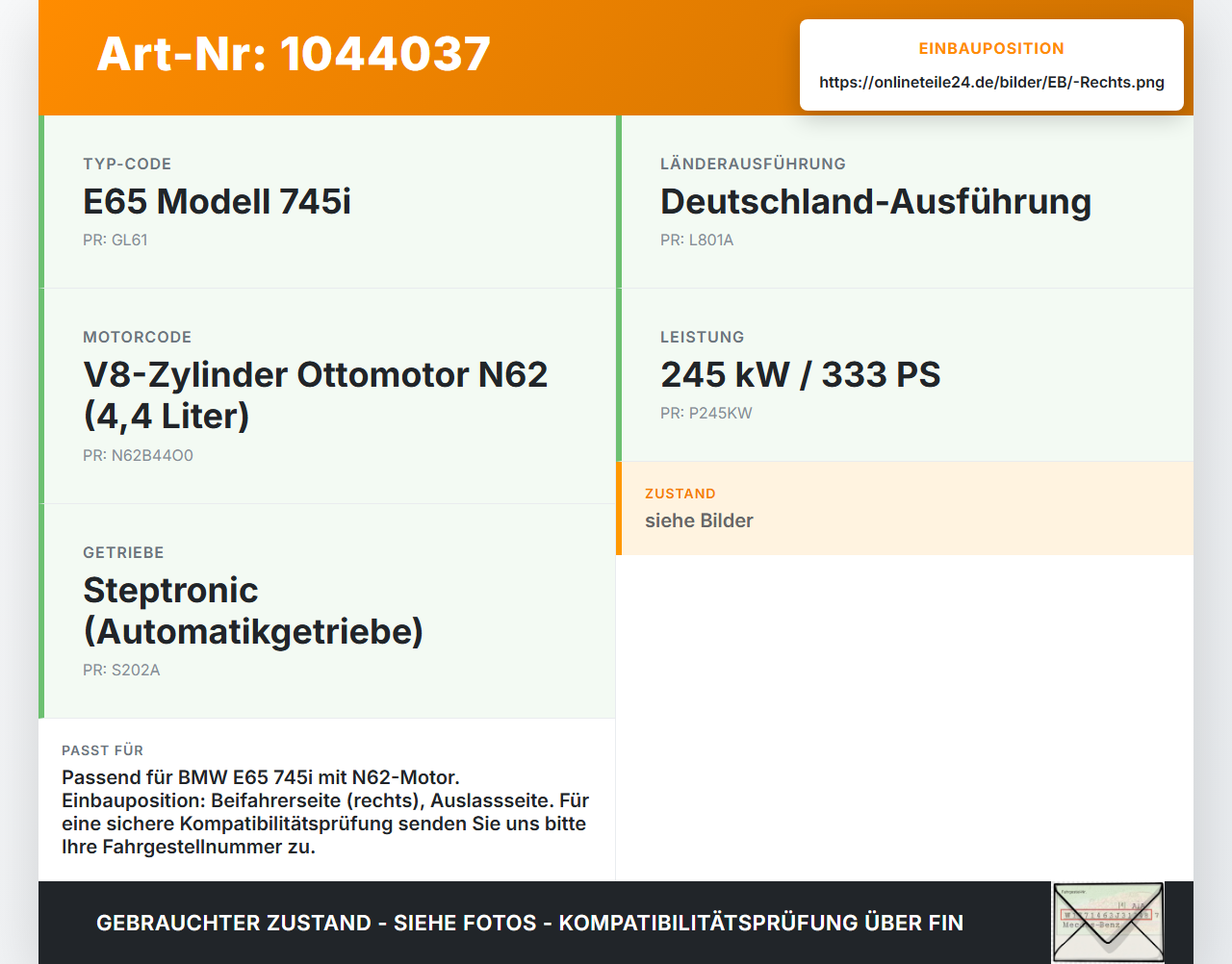 BMW E65 7er 01-05 4,4 245KW Sensor Nockenwellensensor Rechts Auslass BMW E65 7er 01-05 11.09.2003 7518628... Vorschau 3