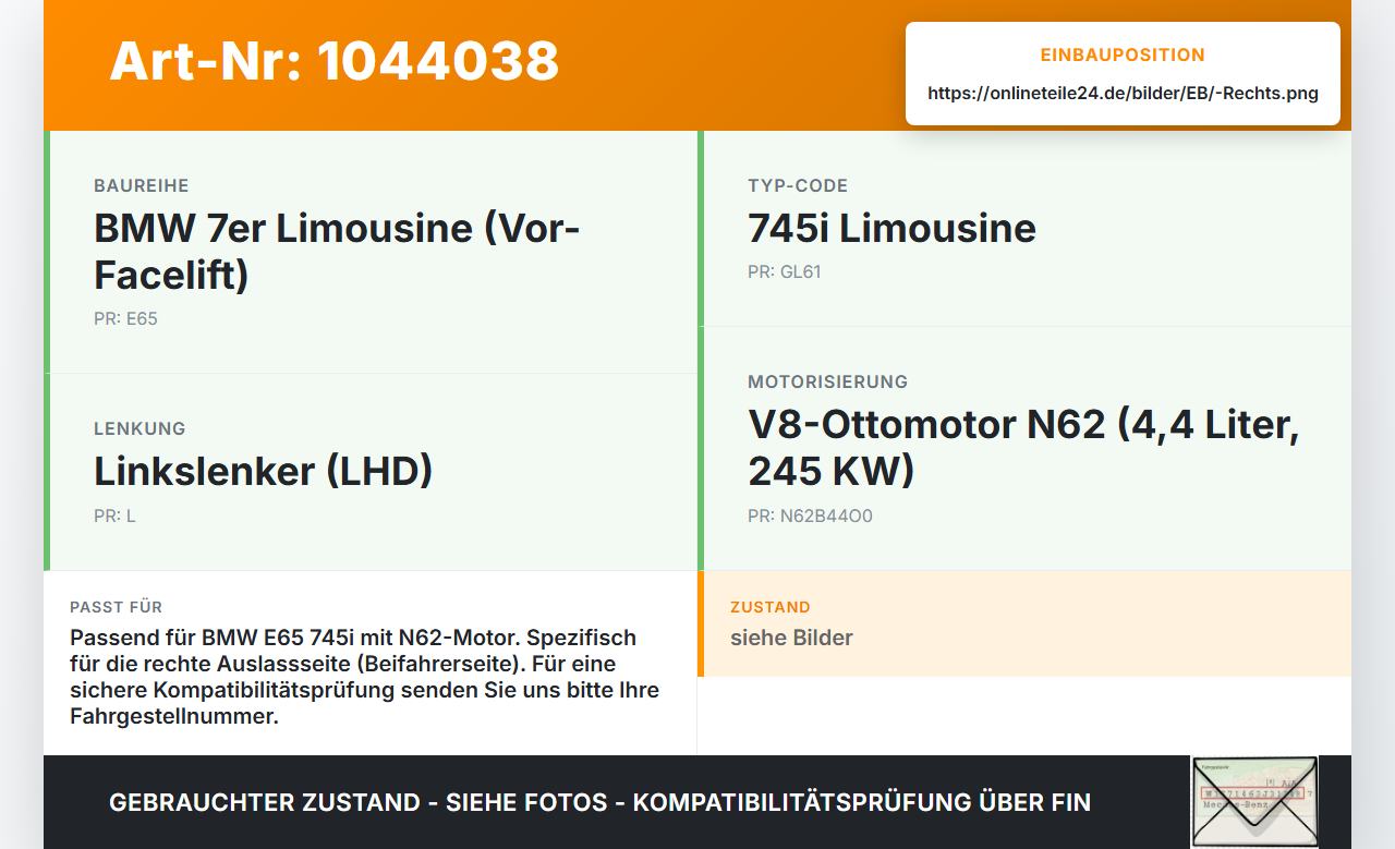 BMW E65 7er 01-05 4,4 245KW Sensor Nockenwellensensor Rechts Auslass BMW E65 7er 01-05 11.09.2003 7518628... Vorschau 3
