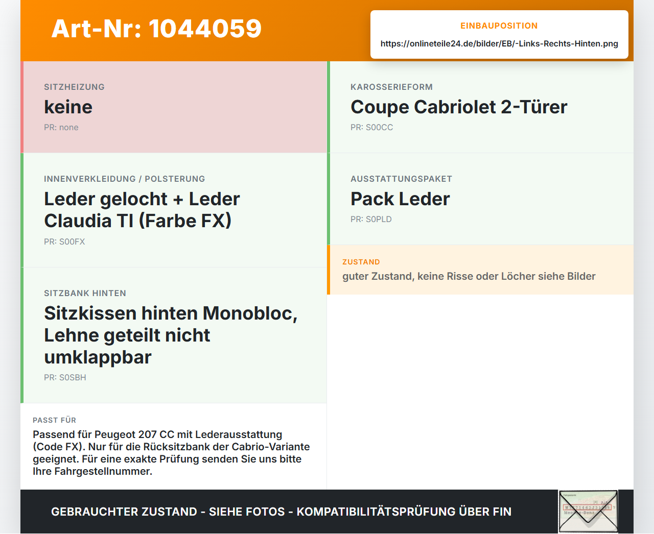Peugeot 207 CC 07-09 Leder Kopfstütze Rechts oder Links Hinten Peugeot 207 CC 07-09 30.09.2008 gebraucht Vorschau 3