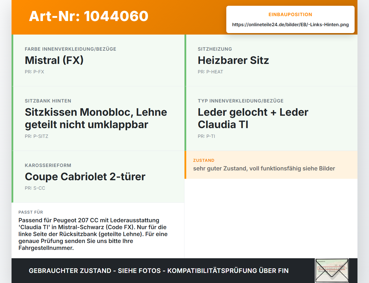 Peugeot 207 CC 07-09 Cabriolet Leder Sitzbezug Rückenpolster Links für Rücksitzbank Hinten Peugeot 207 CC 07-09... Vorschau 3