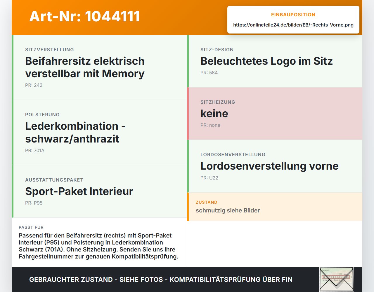 Mercedes X204 08-12 Sitzpolster für Beifahrersitz Rechts Vorne Mercedes X204 08-12 04.12.2009 A2049106946... Vorschau 3