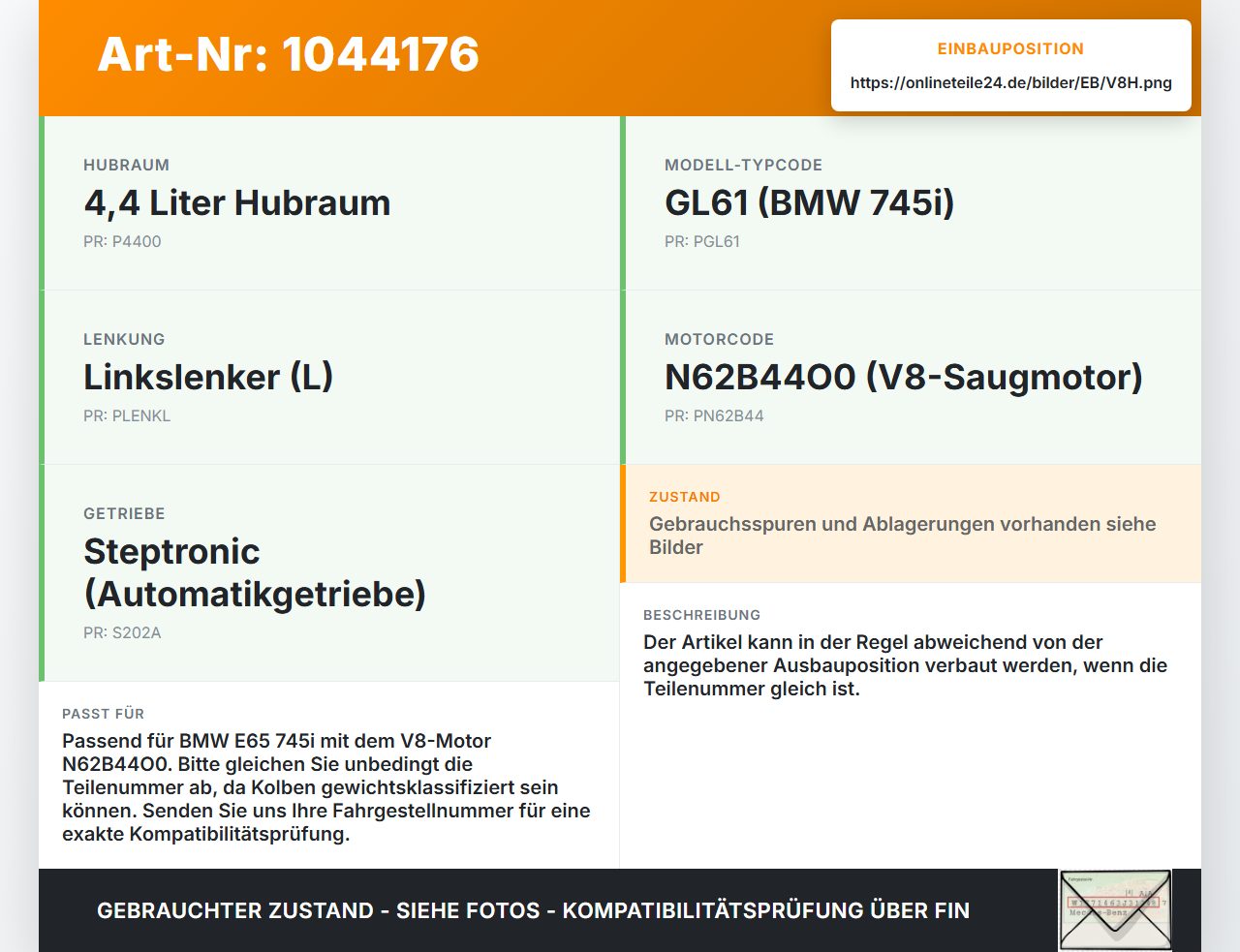 BMW E65 7er 01-05 4,4 245KW N62B44O0 N62B44A Kolben mit Pleuel Pos H BMW E65 7er 01-05 11.09.2003 7519916... Vorschau 3