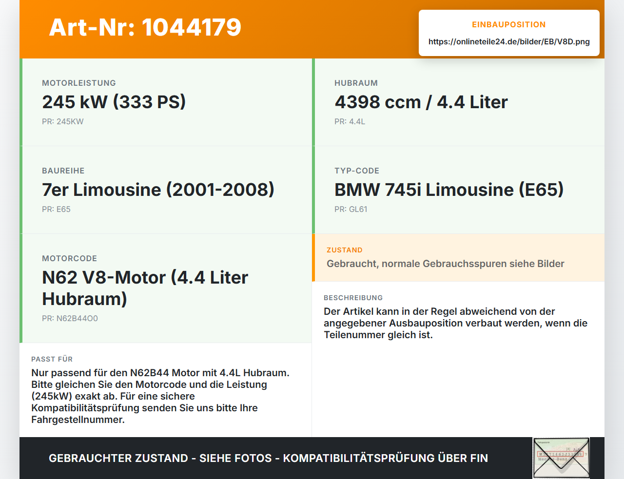 BMW E65 7er 01-05 4,4 245KW N62B44O0 N62B44A Kolben mit Pleuel Pos D BMW E65 7er 01-05 11.09.2003 7519916... Vorschau 3