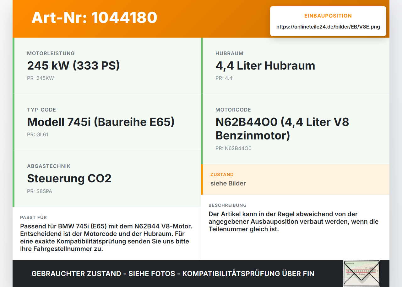 BMW E65 7er 01-05 4,4 245KW N62B44O0 N62B44A Kolben mit Pleuel Pos E BMW E65 7er 01-05 11.09.2003 7519916... Vorschau 3