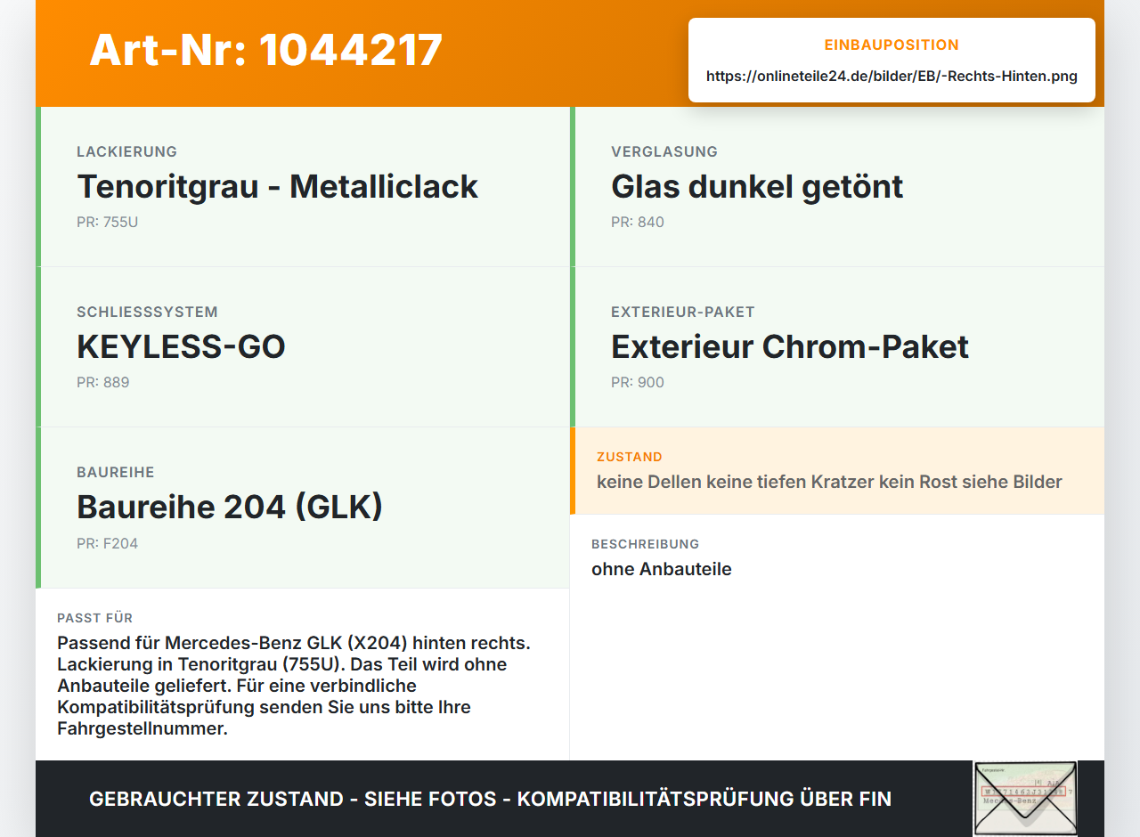 Mercedes X204 08-12 Tür Rechts Hinten 755U Mercedes X204 08-12 04.12.2009 A2047321010 gebraucht Vorschau 3
