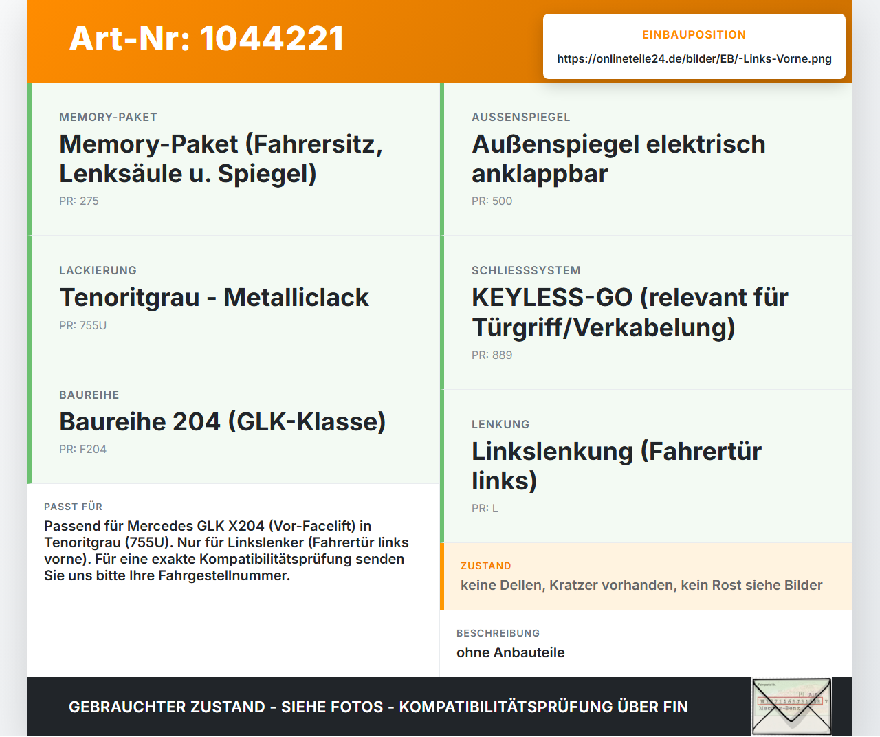 Mercedes X204 08-12 Tür Fahrertür Links Vorne 755U Mercedes X204 08-12 04.12.2009 gebraucht Vorschau 3