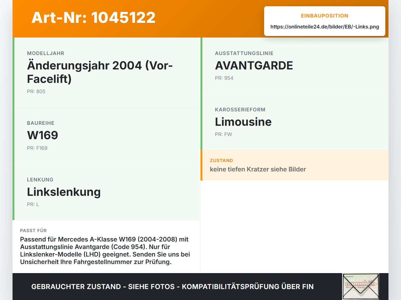 Mercedes A200 W169 04-08 KombiLim Rückleuchte Rücklicht Heckleuchte Links orig Mercedes A200 W169 04-08 12.08.2005... Vorschau 3