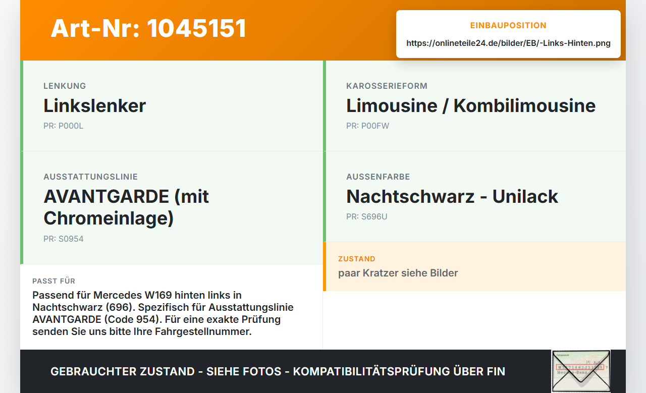 Mercedes A200 W169 04-08 KombiLim Türgriff Griff aussen Links Hinten 696 Mercedes A200 W169 04-08 12.08.2005... Vorschau 3