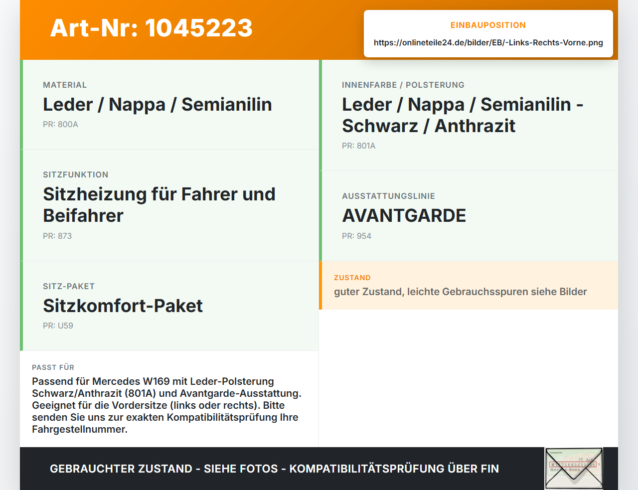 Mercedes A200 W169 04-08 Kopfstütze für Fahrer Sitz Rechts oder Links Vorne Leder Mercedes A200 W169 04-08... Vorschau 3