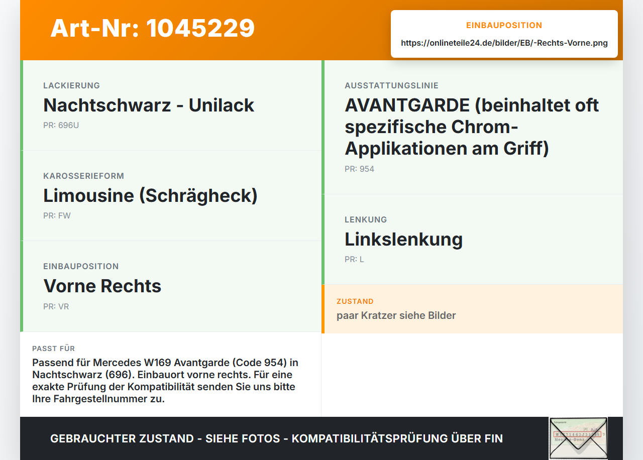 Mercedes A200 W169 04-08 KombiLim Türgriff Griff aussen Rechts Vorne 696 Mercedes A200 W169 04-08 12.08.2005... Vorschau 3