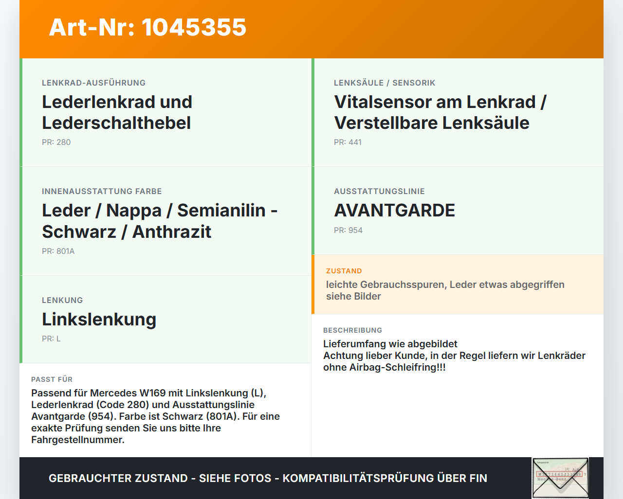 Mercedes A200 W169 04-08 Lenkrad Airbaglenkrad Mercedes A200 W169 04-08 12.08.2005 A1698207310 1698207310 3349.0101... Vorschau 3