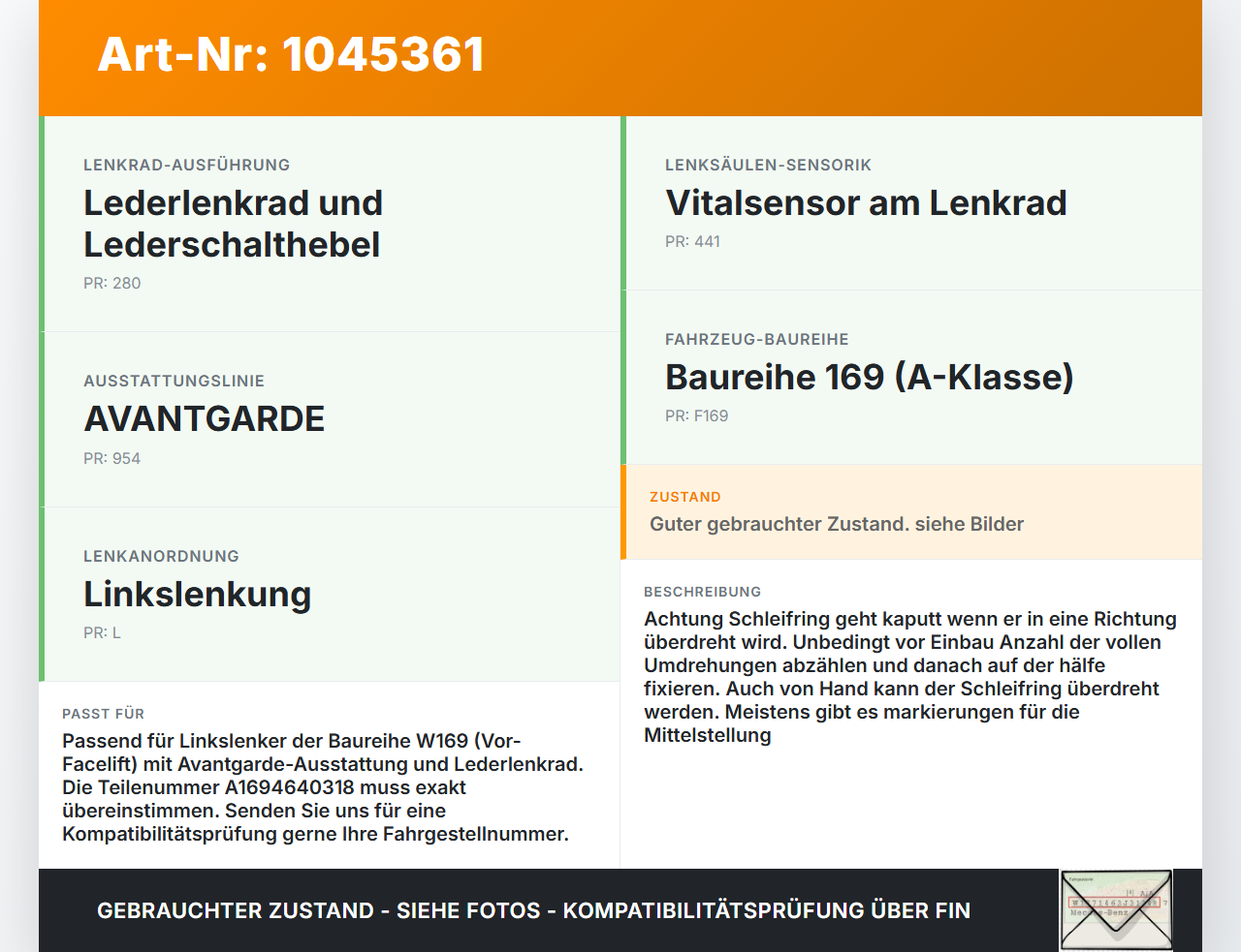 Mercedes A200 W169 04-08 Airbag Schleifring Wickelfeder Aklasse Mercedes A200 W169 04-08 12.08.2005 A1694640318... Vorschau 3