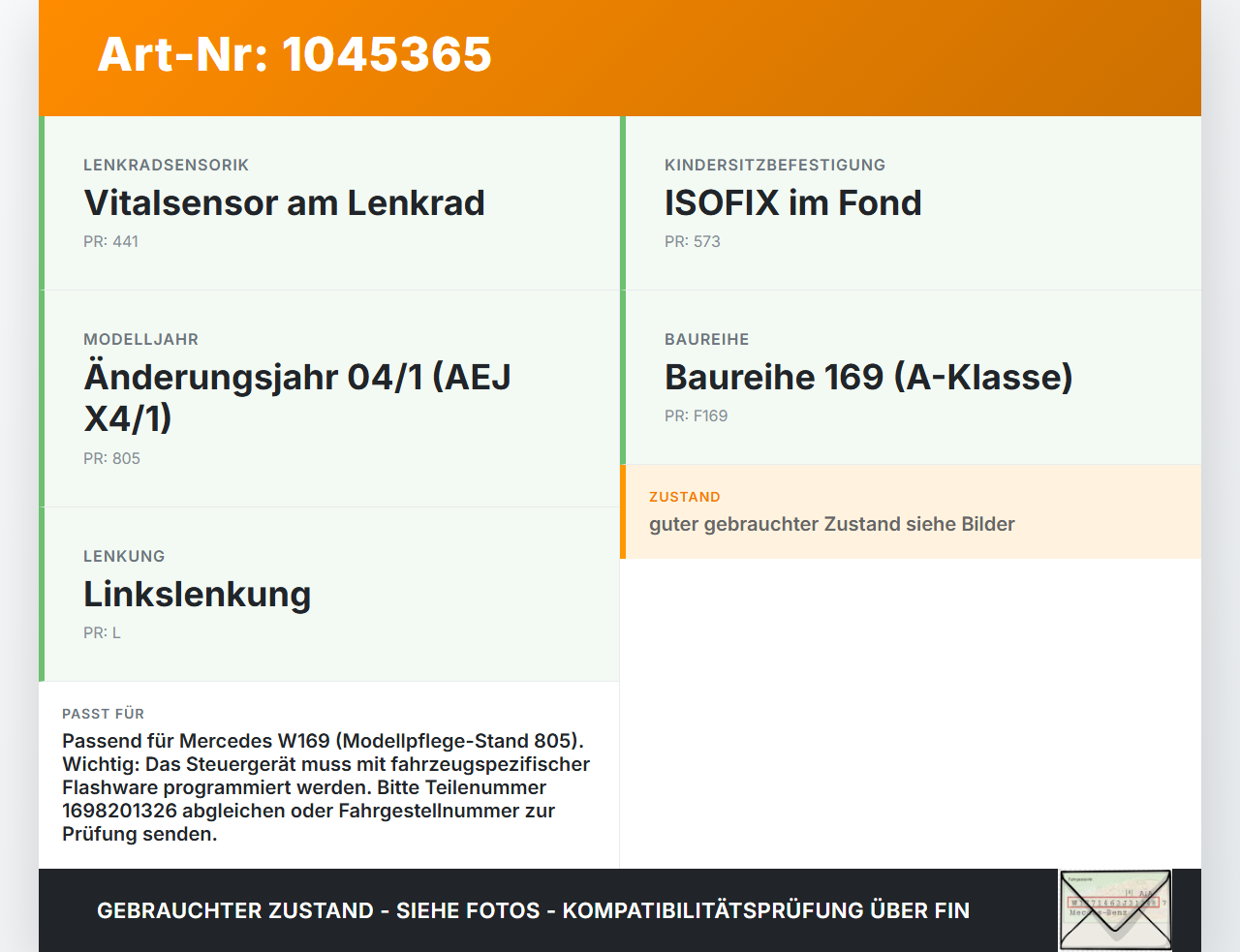 Mercedes A200 W169 04-08 Airbag Steuergerät Airbagsteuergerät Mercedes A200 W169 04-08 12.08.2005 A1698201326 gebraucht Vorschau 3
