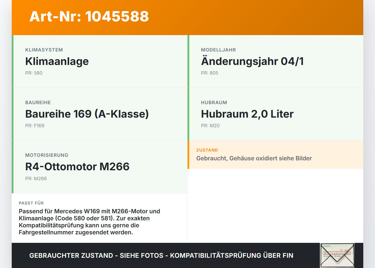 Mercedes A200 W169 04-08 2,1 85KW Klimakompressor Klima Kompressor Mercedes A200 W169 04-08 12.08.2005 A0022301311... Vorschau 3