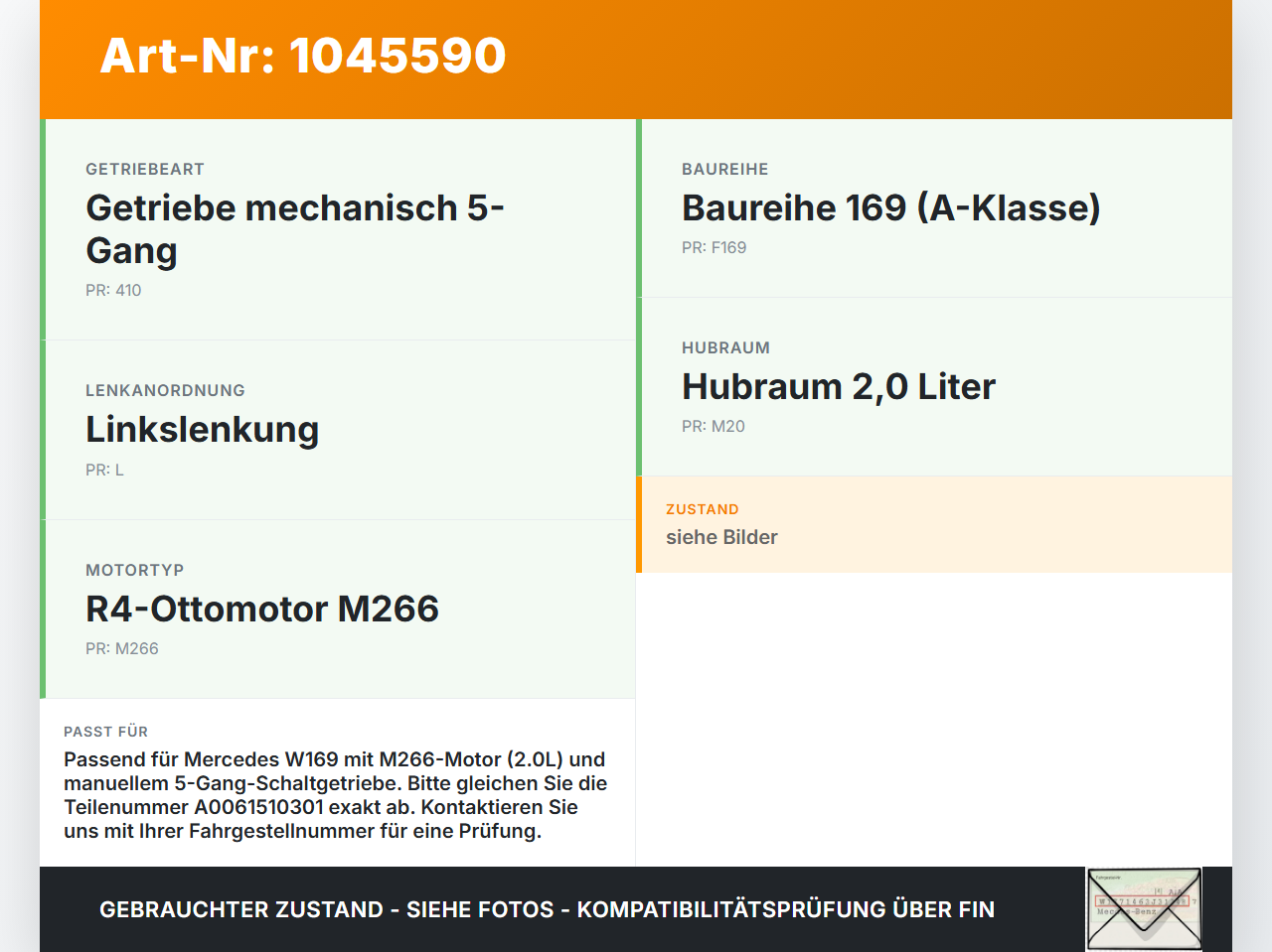 Mercedes A200 W169 04-08 2,1 85KW Anlasser Starter Mercedes A200 W169 04-08 12.08.2005 A0061510301 11018570125N... Vorschau 3