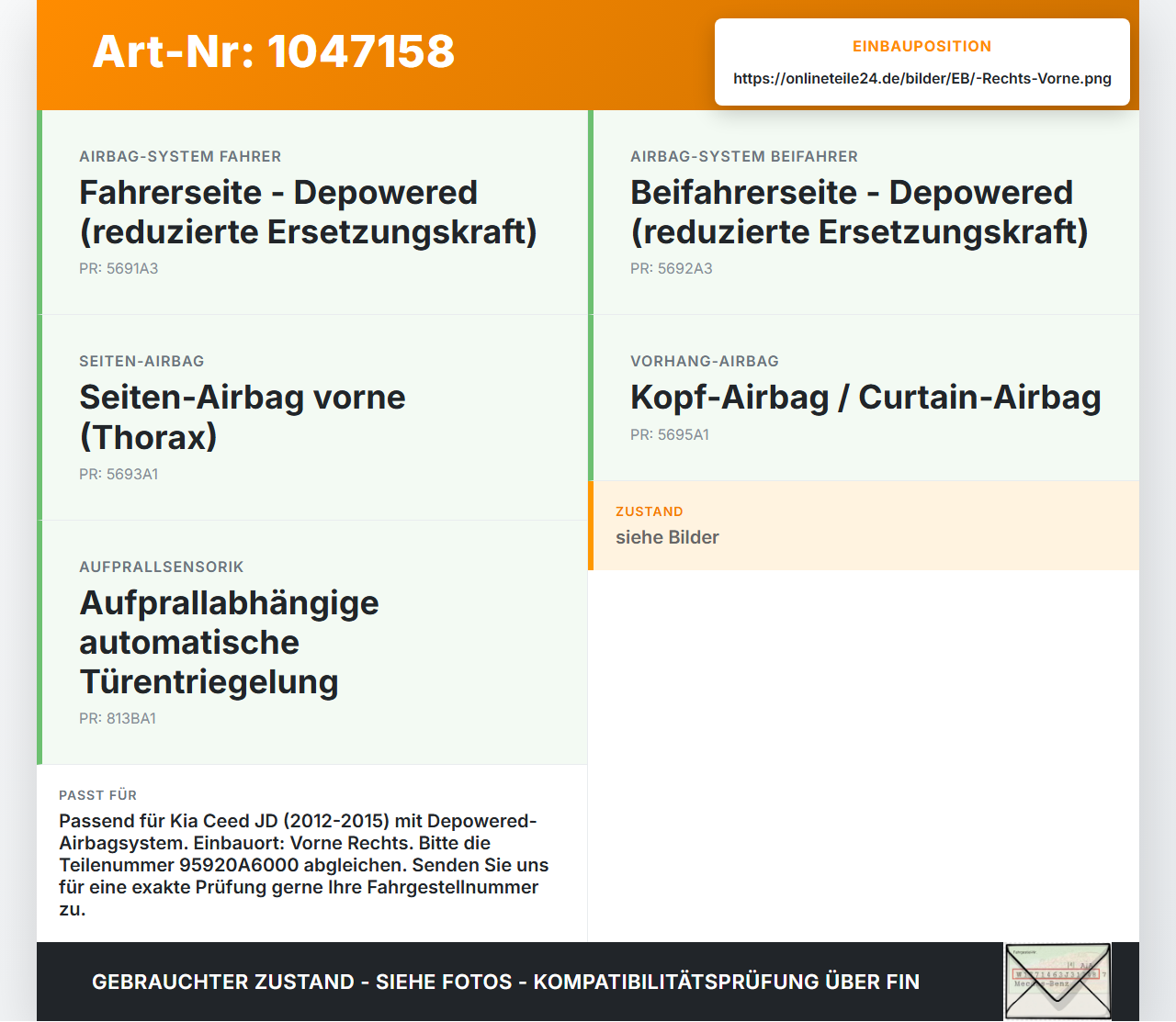Kia Ceed JD 12-15 Sensor Airbag Crashsensor Airbagsensor Rechts Vorne Kia Ceed JD 12-15 28.03.2013 95920A6000... Vorschau 3
