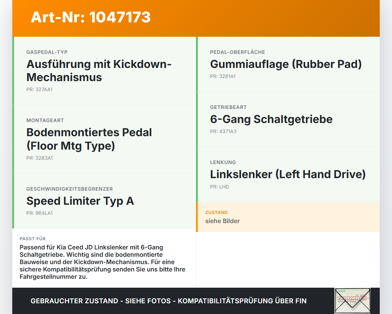 Kia Ceed JD 12-15 GDI 1,6 99KW Gaswertgeber Gaspedal Kia Ceed JD 12-15 28.03.2013 32700A6100 32700-A6100 gebraucht Vorschau 3