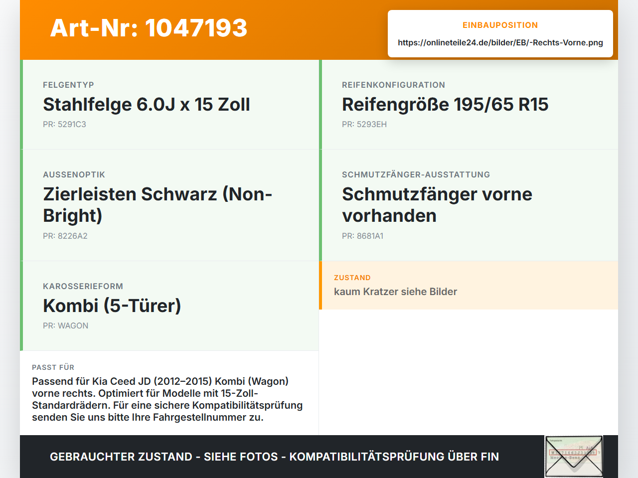 Kia Ceed JD 12-15 Schmutzfänger Vorne Rechts Kia Ceed JD 12-15 28.03.2013 86832A2000 86832-A2000 gebraucht Vorschau 3