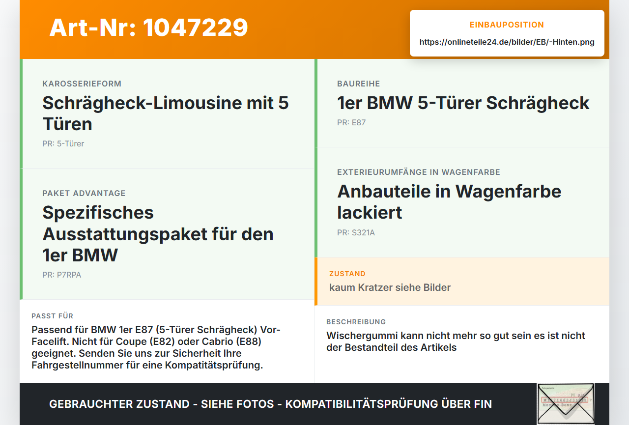BMW E87 1er 116i 04-07 5T Heckwischer Scheibenwischer Hinten Wischarm BMW E87 1er 116i 04-07 28.09.2005 9449913... Vorschau 3