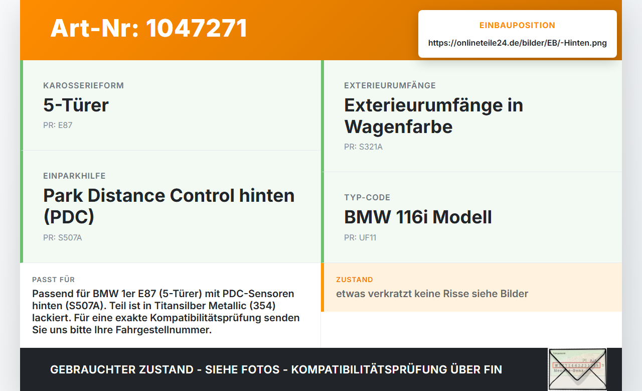 BMW E87 1er 116i 04-07 5T Stoßstange Stoßfänger Heckstosstange Hinten Unterteil 354 BMW E87 1er 116i 04-07... Vorschau 3