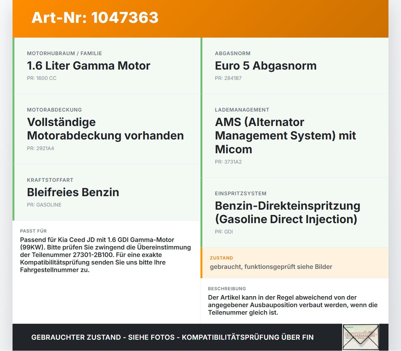 Kia Ceed JD 12-15 GDI 1,6 99KW Zündspule Zündmodul Zyl.4 Kia Ceed JD 12-15 28.03.2013 273012B100 27301-2B100 gebraucht Vorschau 3