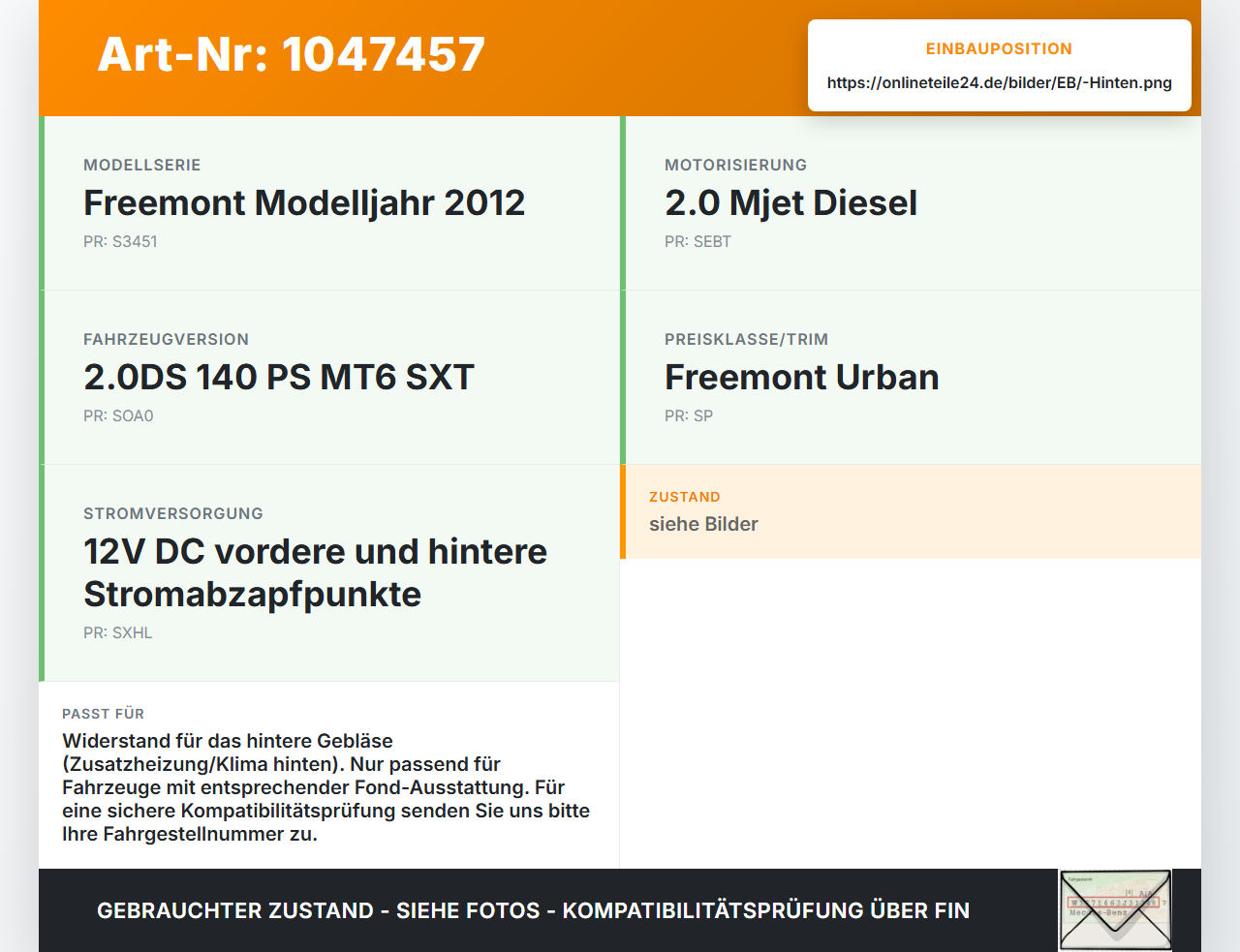 Fiat Freemont 11-16 Widerstand Gebläse Lüfter Hinten Fiat Freemont 11-16 05.01.2012  K68078835AA VZT1000443U gebraucht Vorschau 3