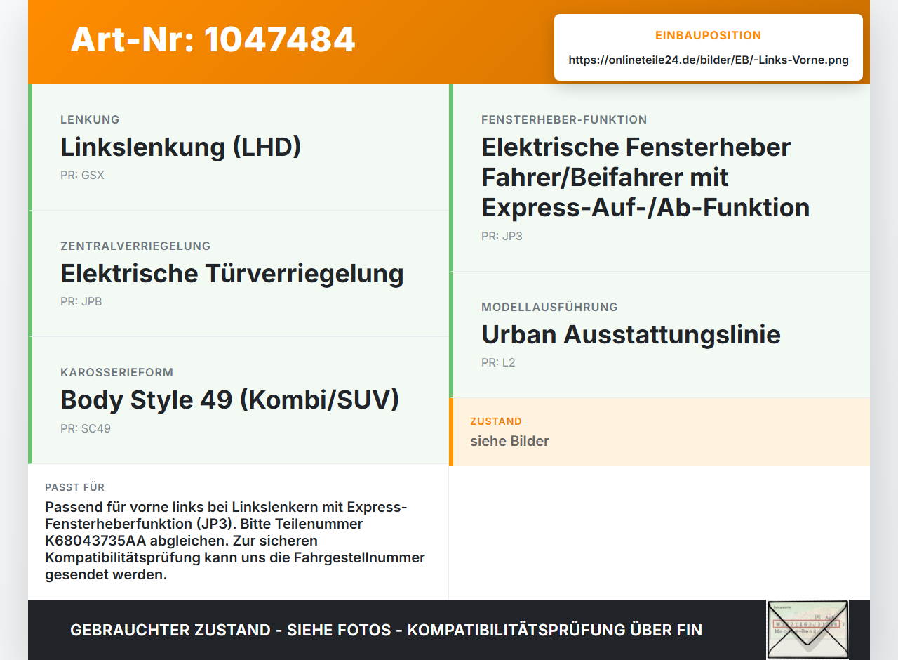 Fiat Freemont 11-16 Kombi Fensterheber o. FH-Motor Links Vorne Fiat Freemont 11-16 05.01.2012  K68043735AA 967931... Vorschau 3