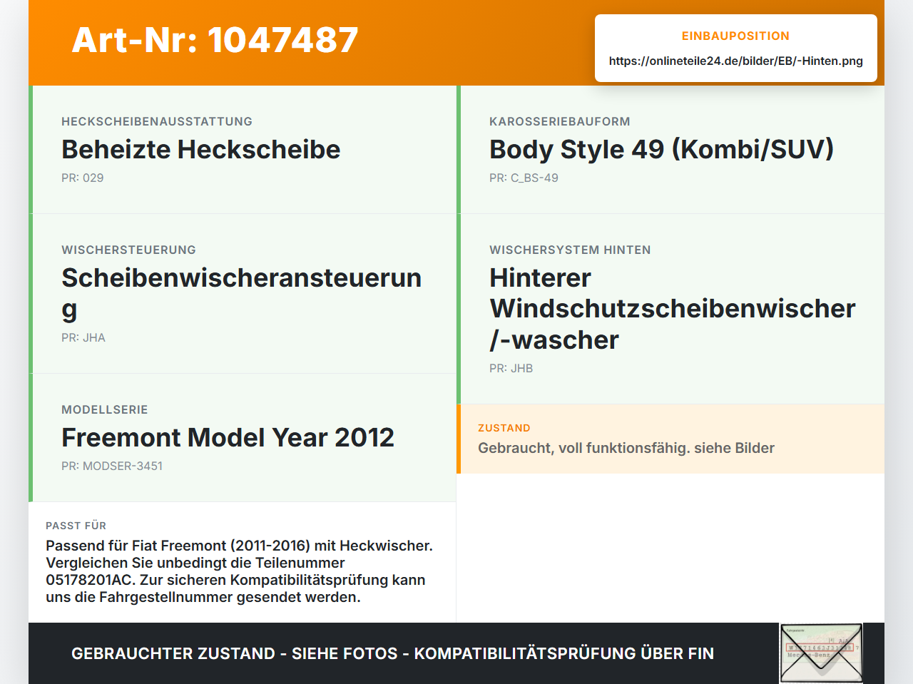Fiat Freemont 11-16 Kombi Wischermotor Hinten Heckwischermotor Fiat Freemont 11-16 05.01.2012  K05178201AC... Vorschau 3