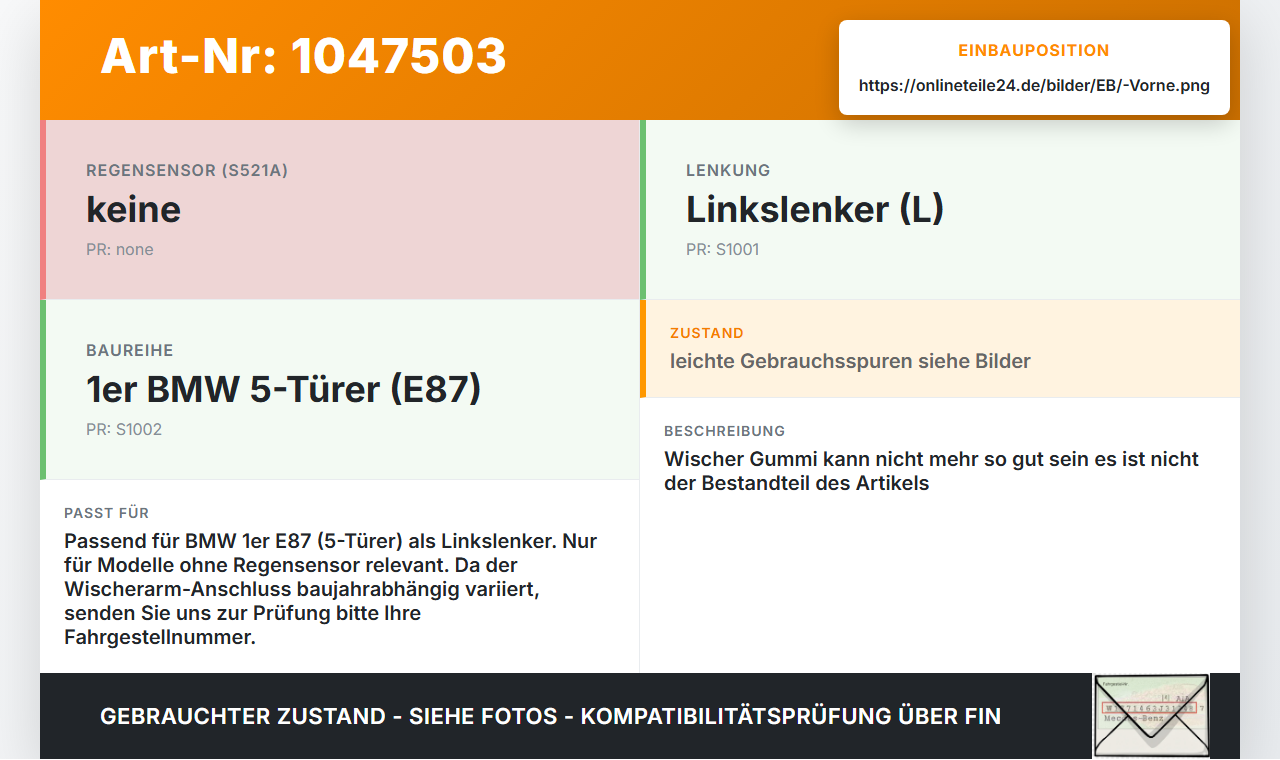 BMW E87 1er 116i 04-07 2x Scheibenwischer Wischarm Vorne BMW E87 1er 116i 04-07 28.09.2005 9450003 61619450003... Vorschau 3